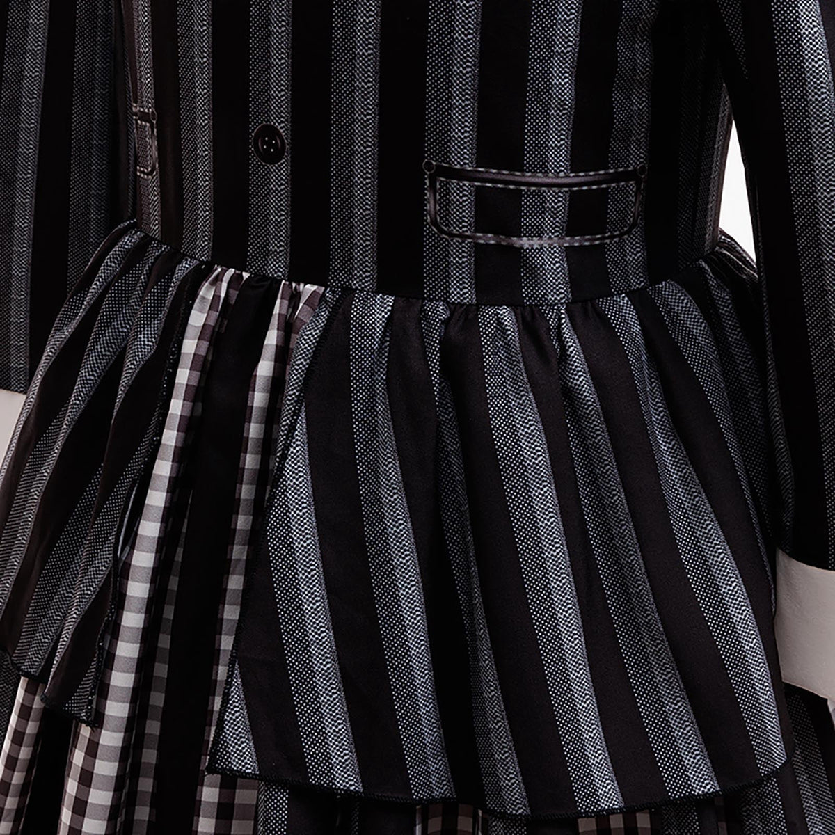 KAWELL Black Costume for Girls, Academy Uniform Outfits Cosplay with Black Wig, Pleated Skirt Girl's Stripes Suits Sets for Halloween