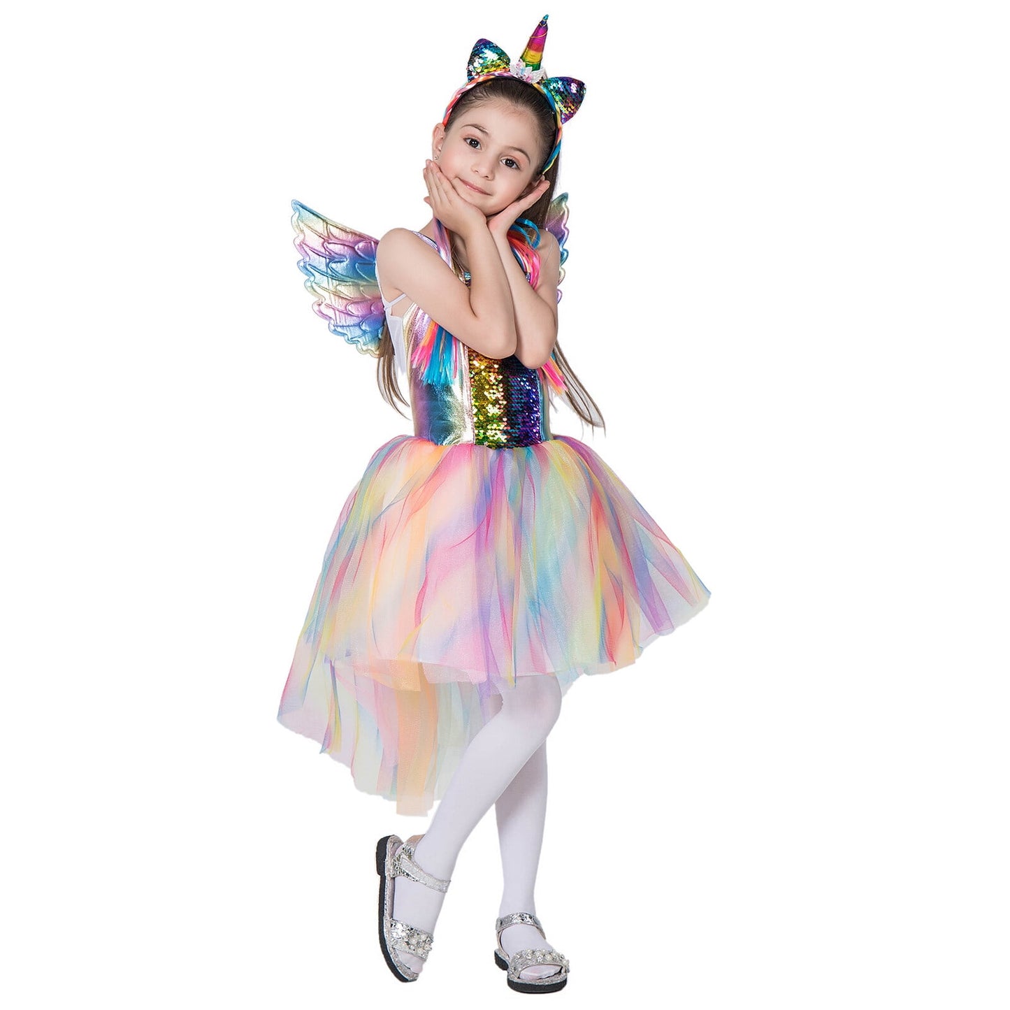 Girls Unicorn Costume Rainbow Dress with Wing Headband for Little Girls