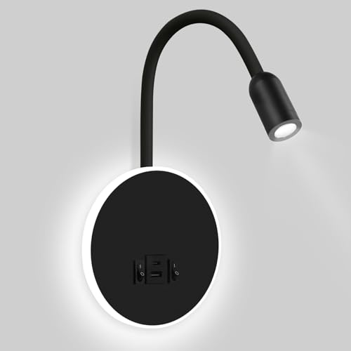 Kawell Modern LED Wall Sconce with Switch Swivel Bedside Reading Spotlight Hardwired 9W Plus 3W LED Wall Light with USB and Type-C Ports Indoor for Bedroom Study Living Room, Black
