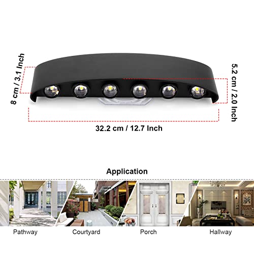 Kawell 12W Waterproof Modern Wall Light LED Wall Lamp Aluminum LED Wall Sconce Up Down Indoor Outdoor for Bedroom Bathroom Hallway Porch Corridor Hotel Doorway Garden Pathway, Black 6000K