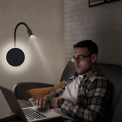 Kawell Modern LED Wall Sconce with Switch Swivel Bedside Reading Spotlight Hardwired 9W Plus 3W LED Wall Light with USB and Type-C Ports Indoor for Bedroom Study Living Room, Black