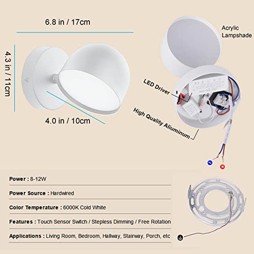 Kawell Touch Sensitive LED Wall Sconces Stepless Dimming LED Wall Light 350°Rotate LED Wall Lamp Modern Reading LED Wall Light Sconce Indoor for Bedroom Living Room Beside Stairs, Cold White