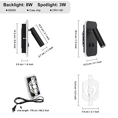 Kawell 2 in 1 8W Modern LED Wall Sconces Indoor LED Wall Light with Switch 350° Swivel 3W LED Reading Wall Spotlight LED Wall Lamp for Bedroom Bedside Living Room Study Room, Black 6000K