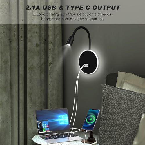 Kawell Modern LED Wall Sconce with Switch Swivel Bedside Reading Spotlight Hardwired 9W Plus 3W LED Wall Light with USB and Type-C Ports Indoor for Bedroom Study Living Room, Black