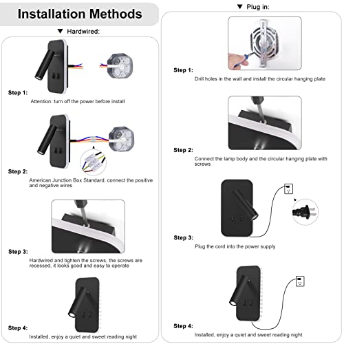 Kawell 2 in 1 8W Modern LED Wall Sconces Indoor LED Wall Light with Switch 350° Swivel 3W LED Reading Wall Spotlight LED Wall Lamp for Bedroom Bedside Living Room Study Room, Black 6000K