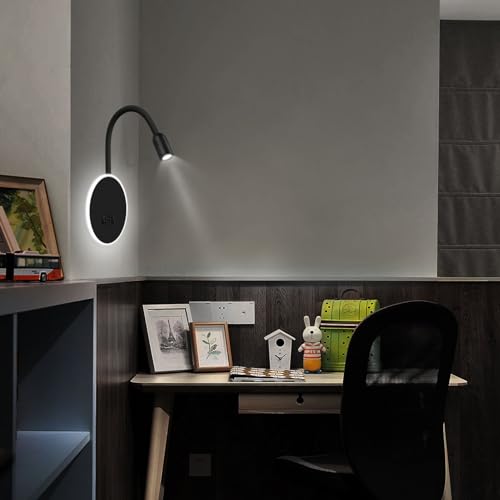 Kawell Modern LED Wall Sconce with Switch Swivel Bedside Reading Spotlight Hardwired 9W Plus 3W LED Wall Light with USB and Type-C Ports Indoor for Bedroom Study Living Room, Black