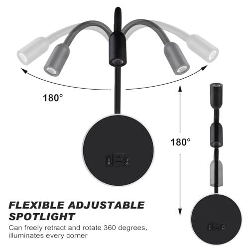 Kawell Modern LED Wall Sconce with Switch Swivel Bedside Reading Spotlight Hardwired 9W Plus 3W LED Wall Light with USB and Type-C Ports Indoor for Bedroom Study Living Room, Black