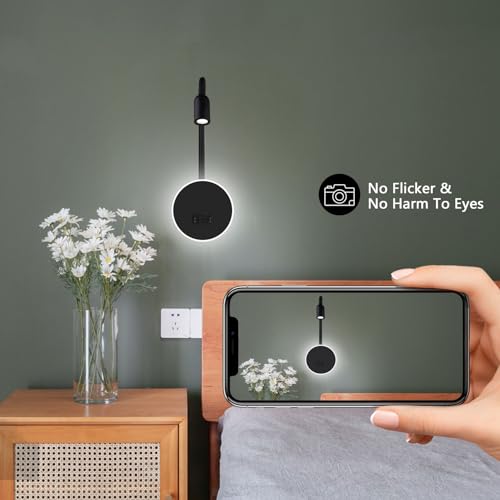 Kawell Modern LED Wall Sconce with Switch Swivel Bedside Reading Spotlight Hardwired 9W Plus 3W LED Wall Light with USB and Type-C Ports Indoor for Bedroom Study Living Room, Black