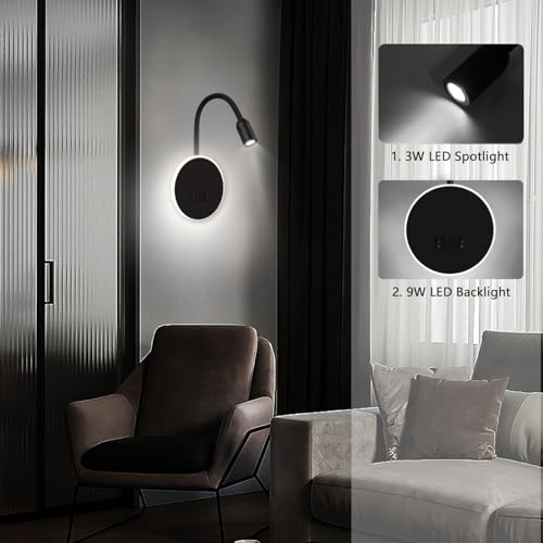 Kawell Modern LED Wall Sconce with Switch Swivel Bedside Reading Spotlight Hardwired 9W Plus 3W LED Wall Light with USB and Type-C Ports Indoor for Bedroom Study Living Room, Black