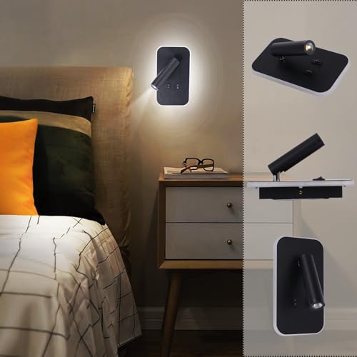 Kawell 2 in 1 8W Modern LED Wall Sconces Indoor LED Wall Light with Switch 350° Swivel 3W LED Reading Wall Spotlight LED Wall Lamp for Bedroom Bedside Living Room Study Room, Black 6000K