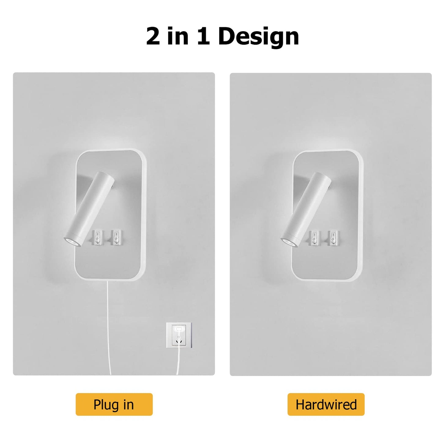 Kawell 2 in 1 8W Modern LED Wall Sconces Indoor LED Wall Light with Switch 350° Swivel 3W LED Reading Wall Spotlight LED Wall Lamp for Bedroom Bedside Living Room Study Room, White 6000K