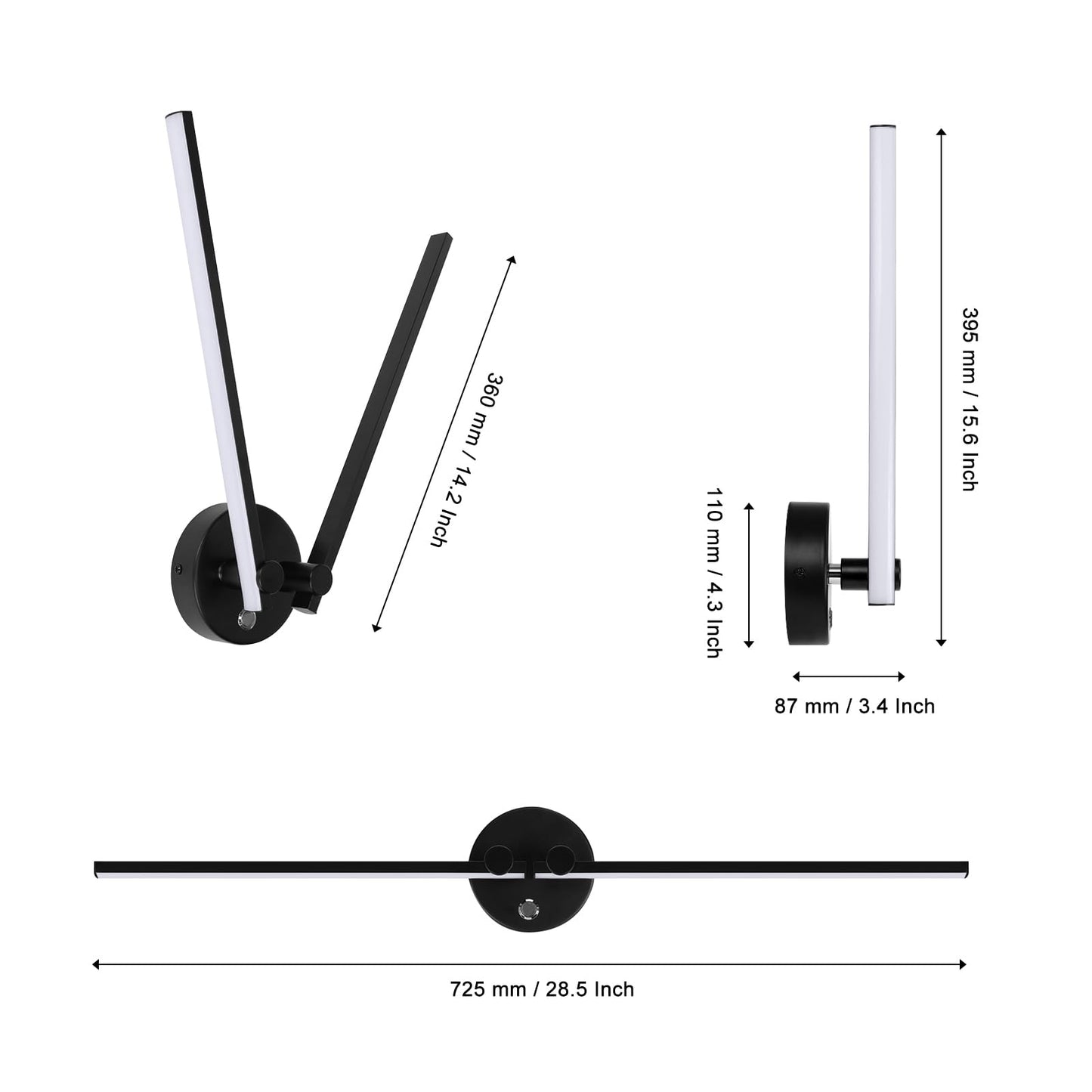 Kawell 12W Modern LED Wall Light with Switch Indoor LED Wall Sconce Hardwired LED Wall Lamp Bar with 300° Rotatable Lamp Arms for Living Room Background Wall Bedroom Hallway Aisle, Black 6000K