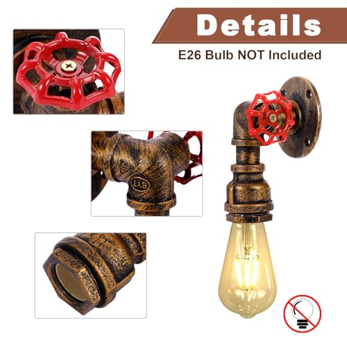 Kawell Vintage Wall Light Fixtures Industrial Retro Wall Sconce Light Creative Water Pipe Wall Lamp Iron Art Single E26 60W Max for Bedroom Kitchen Restaurant Loft Cafe Bar Hallway, Gold