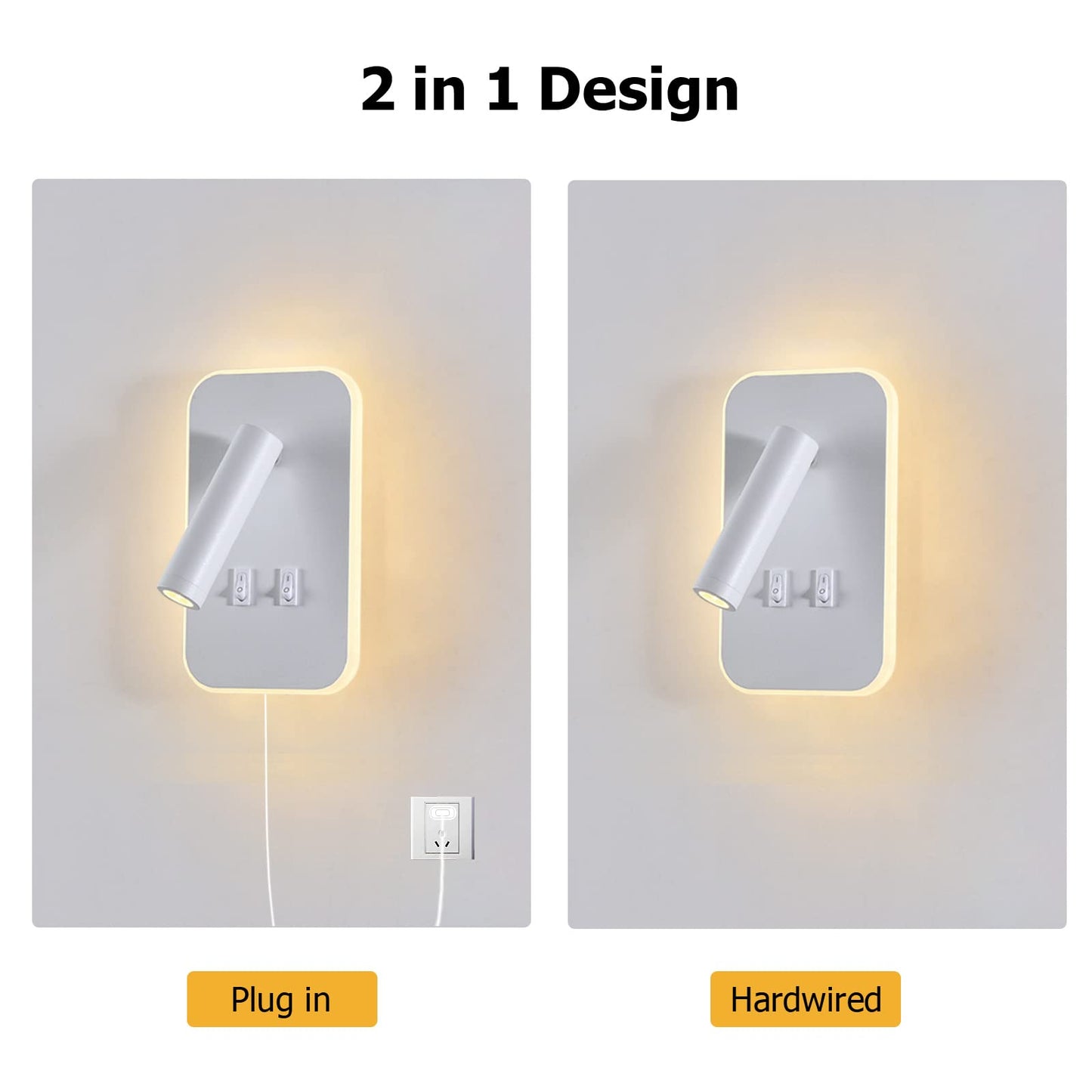 Kawell 2 in 1 8W Modern LED Wall Sconces Indoor LED Wall Light with Switch 350° Swivel 3W LED Reading Wall Spotlight LED Wall Lamp for Bedroom Bedside Living Room Study Room, White 3000K