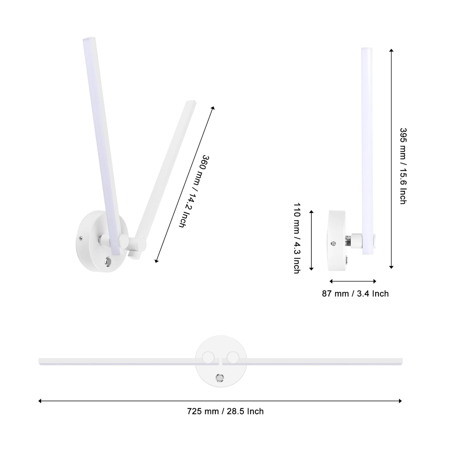 Kawell 12W Modern LED Wall Light with Switch Indoor LED Wall Sconce Hardwired LED Wall Lamp Bar with 300° Rotatable Lamp Arms for Living Room Background Wall Bedroom Hallway Aisle, White 6000K