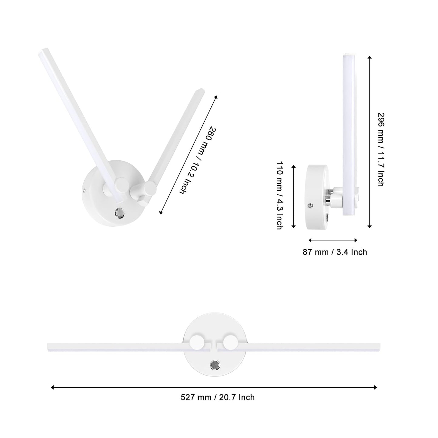 Kawell 10W Modern LED Wall Light with Switch Indoor LED Wall Sconce Hardwired LED Wall Lamp Bar with 300° Rotatable Lamp Arms for Living Room Background Wall Bedroom Hallway Aisle, White 6000K
