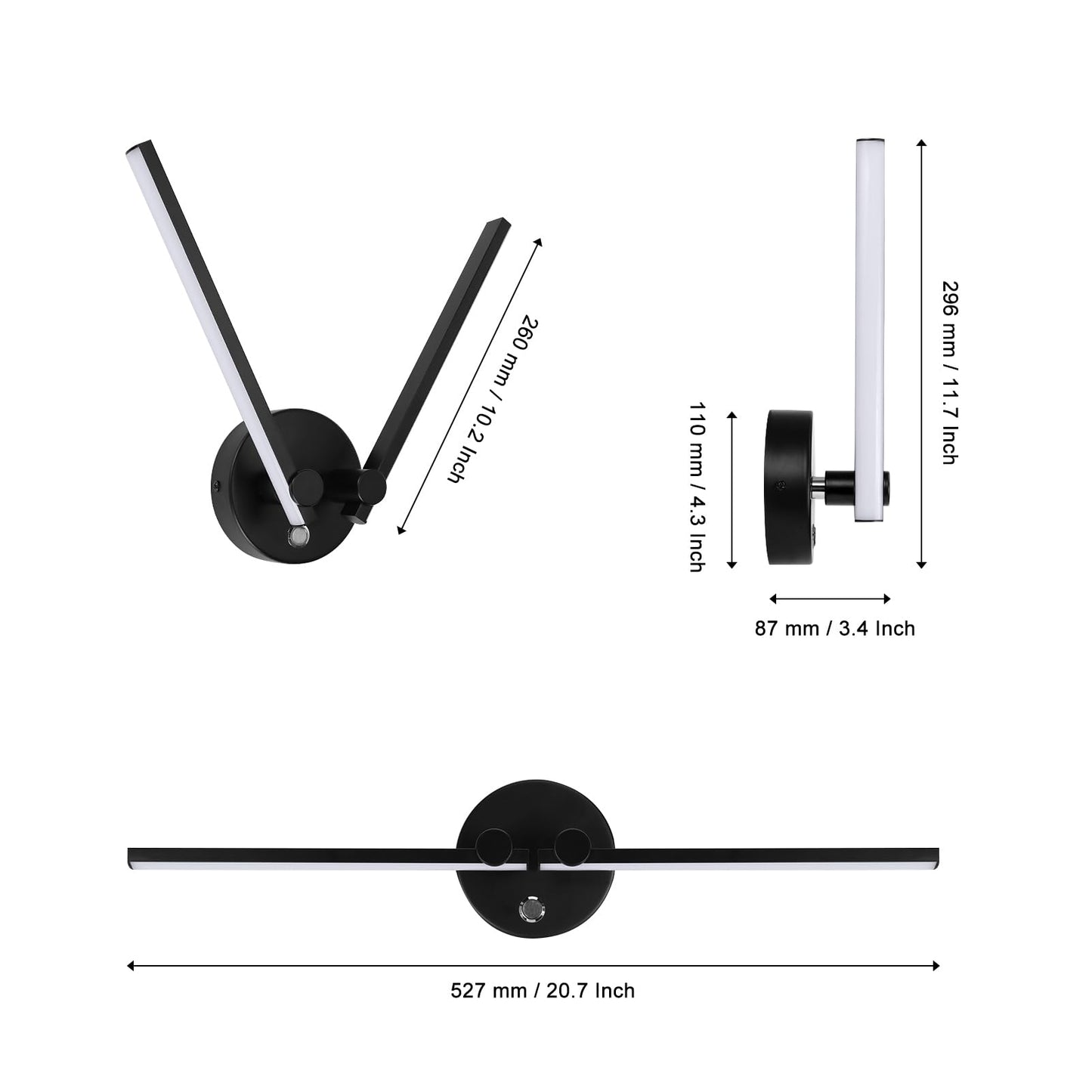 Kawell 10W Modern LED Wall Light with Switch Indoor LED Wall Sconce Hardwired LED Wall Lamp Bar with 300° Rotatable Lamp Arms for Living Room Background Wall Bedroom Hallway Aisle, Black 6000K