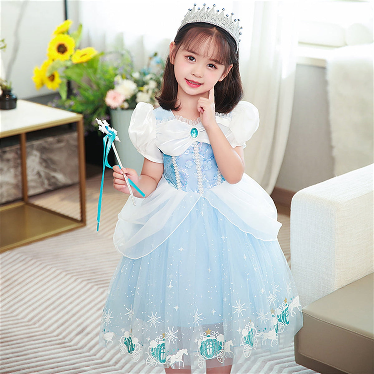 KAWELL Princess Blue Costume Fancy Costume Princess Dress Halloween Party Role Play with Sleeves