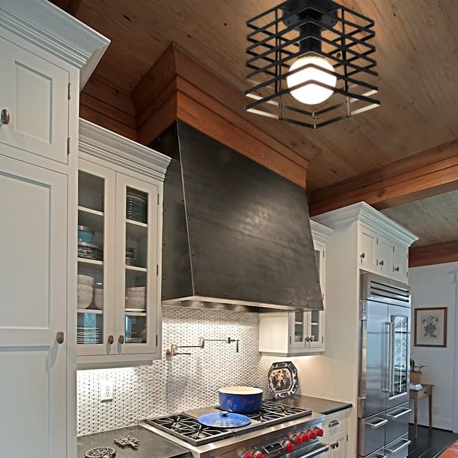 Kawell Industrial Close to Ceiling Light Fixture Black Retro Ceiling Light Flush Mount Indoor Ceiling Chandelier Light Hardwired for Hallway Living Room Bedroom Kitchen Farmhouse, Square
