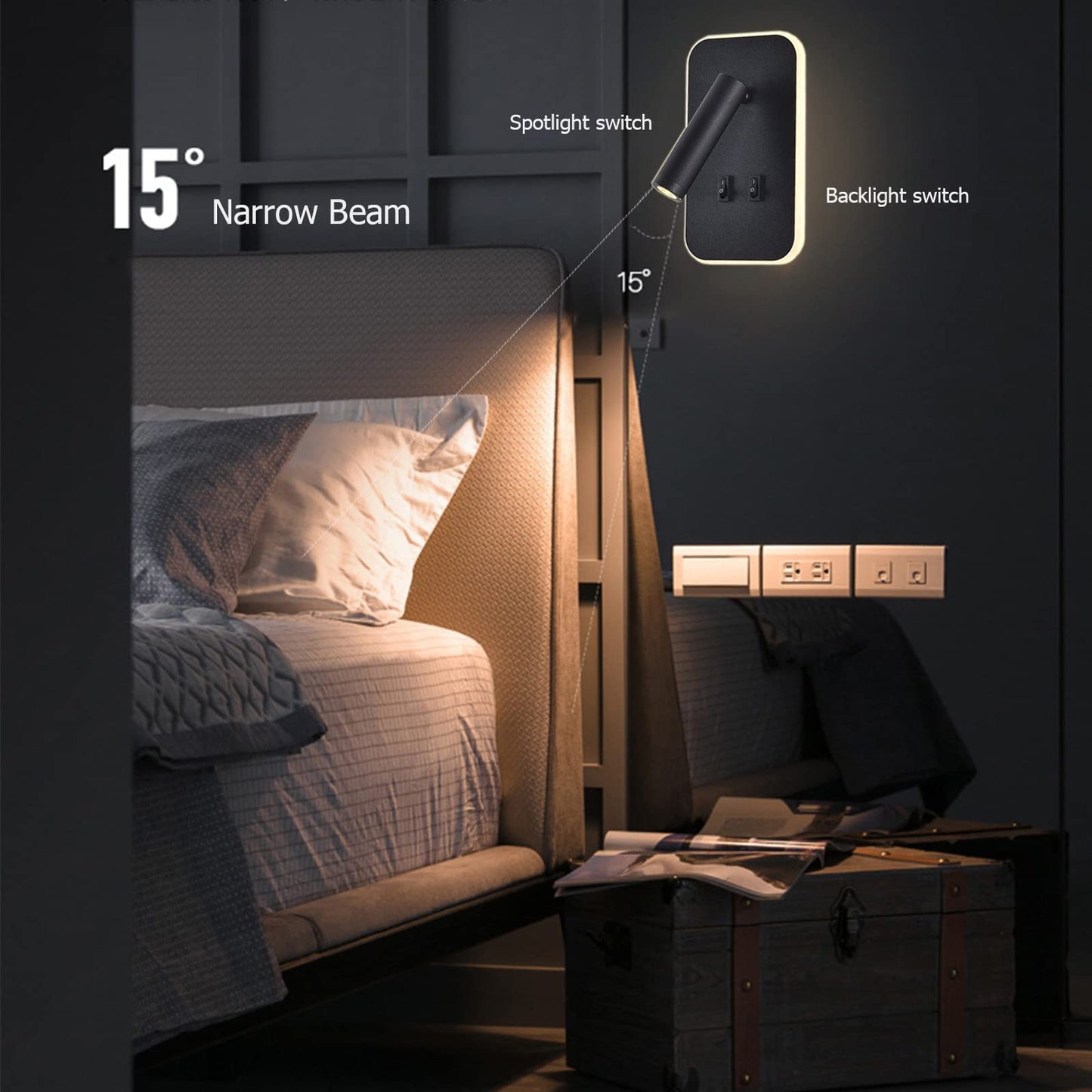 Kawell Modern 2 in 1 8W LED Wall Sconces Indoor LED Wall Light with Switch 350 Swivel 3W LED Reading Wall Spotlight LED Wall Lamp for Bedroom Bedside Living Room Study Room, Black 3000K