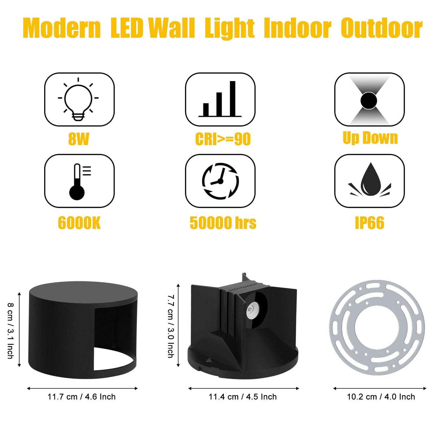 Kawell 8W LED Wall Light Up Down Modern LED Wall Sconce Light Waterproof LED Wall Lamp Indoor Outdoor for Bedroom Living Room Bathroom Hallway Stairs, Black 6000K