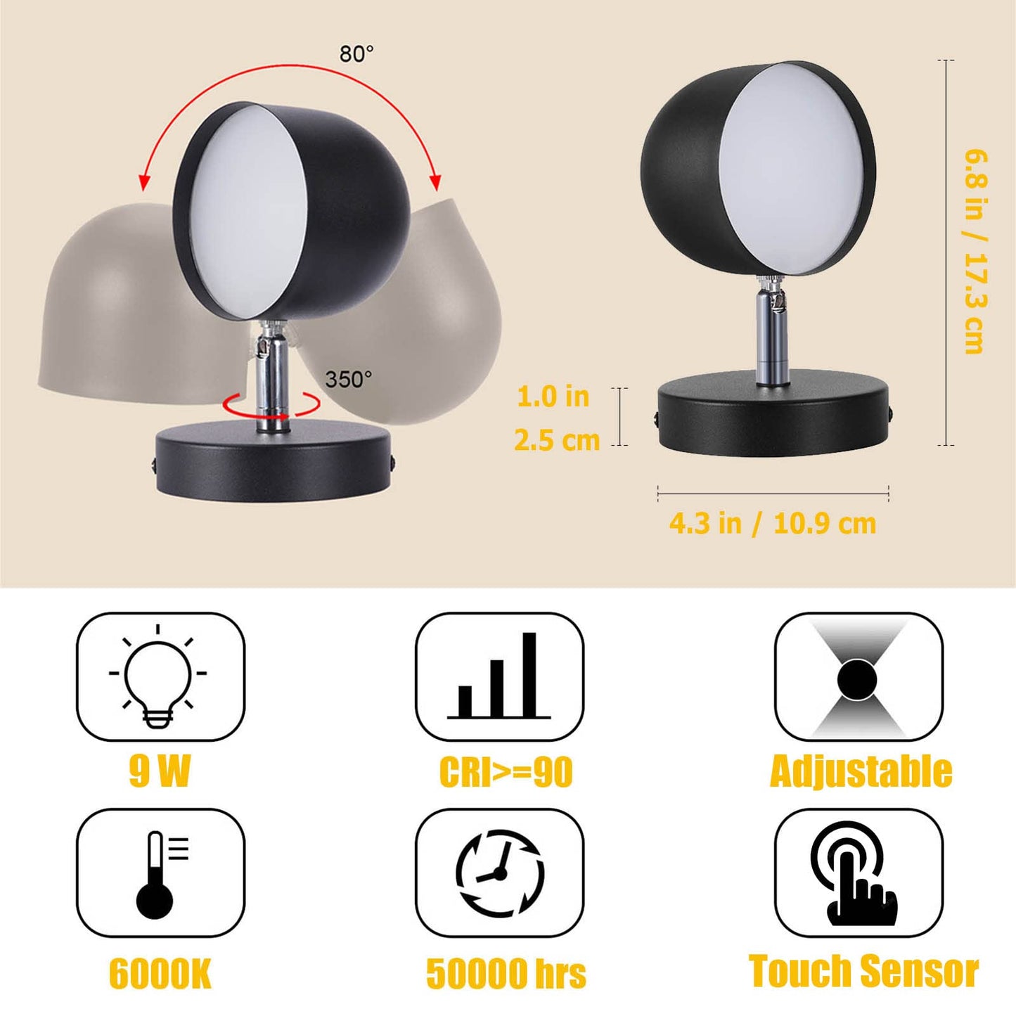 Kawell Touch Sensitive LED Wall Sconces Stepless Dimming LED Wall Light 350°Rotate LED Wall Lamp Modern Reading LED Wall Light Sconce Indoor for Bedroom Living Room Beside Stairs, Cold White