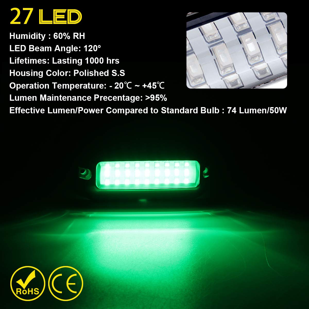 Kawell 27 LED LED Underwater Boat Yacht Lights Waterproof IP68 SUS316 Stainless Steel Pontoon Marine Transom Lights for Swiming Driving Fishing 2pcs Green Lights