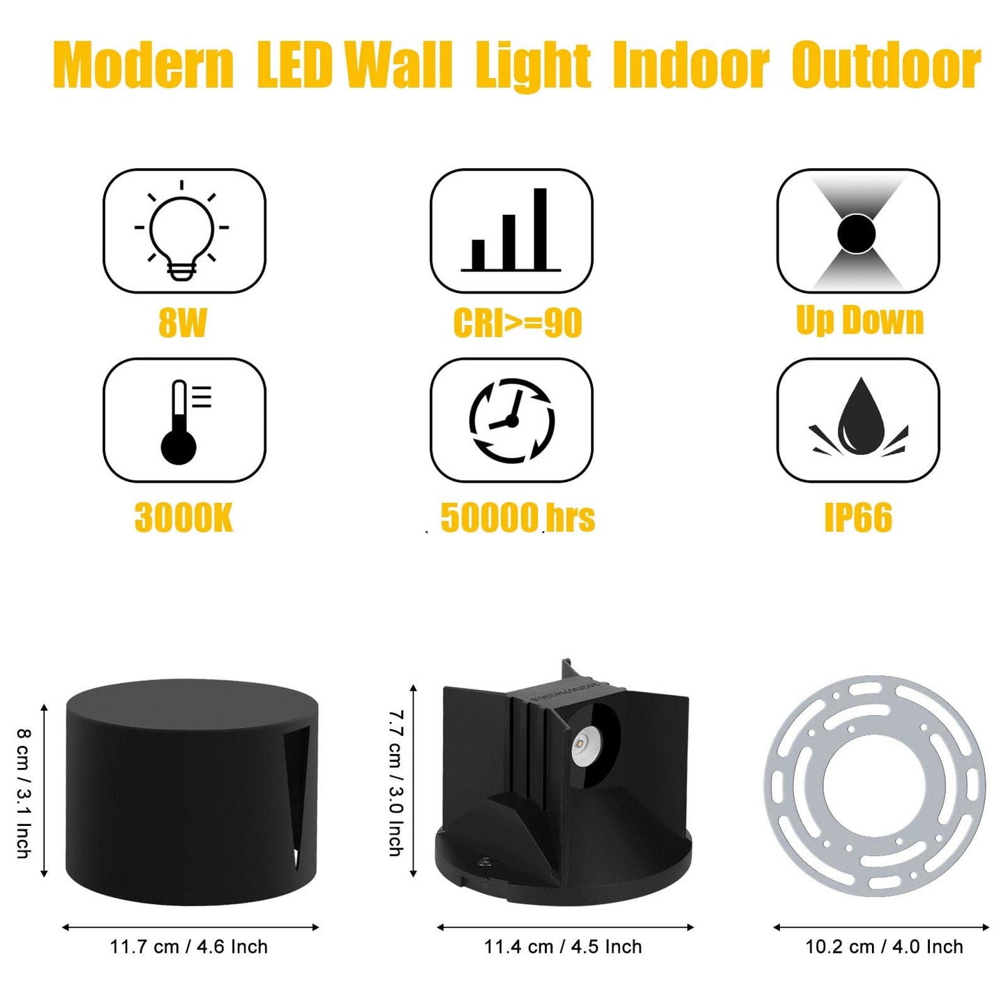 Kawell Modern 8W LED Wall Sconce Lighting Up Down LED Wall Light Indoor Outdoor Waterproof LED Wall Lamp White Round Wall Mount Lights for Bedroom Living Room Hallway Stairs Bathroom, Black 3000K