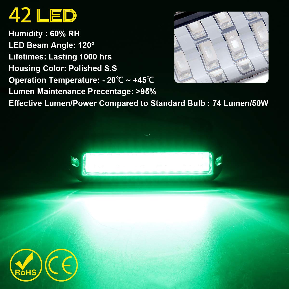 Kawell 42 LED Boat Lights Waterproof IP68 Stainless Steel Underwater Pontoon Marine Light Stern Boat Navigation Lights Drain Fish Boat Transom Lights(Green)