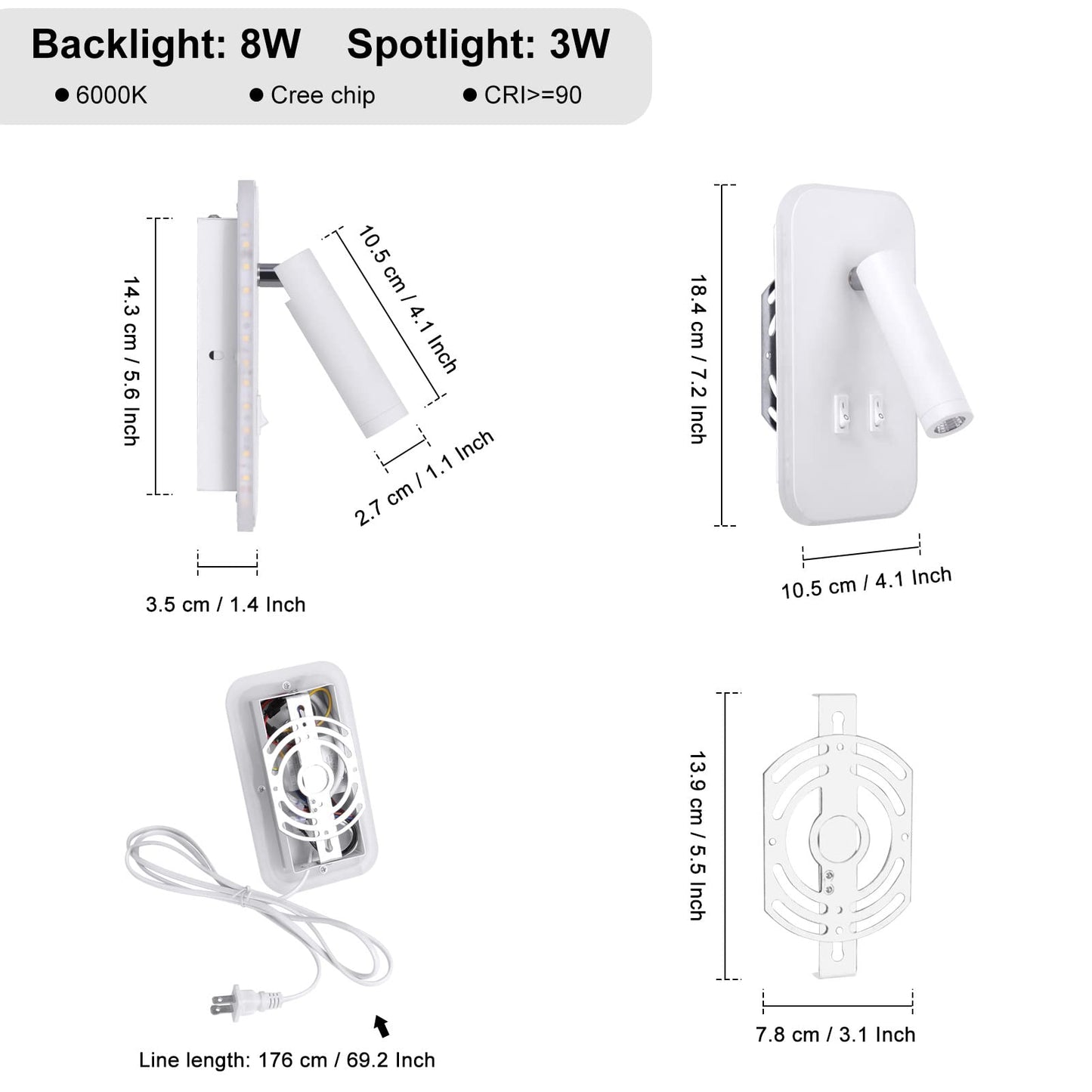 Kawell 2 in 1 8W Modern LED Wall Sconces Indoor LED Wall Light with Switch 350° Swivel 3W LED Reading Wall Spotlight LED Wall Lamp for Bedroom Bedside Living Room Study Room, White 6000K