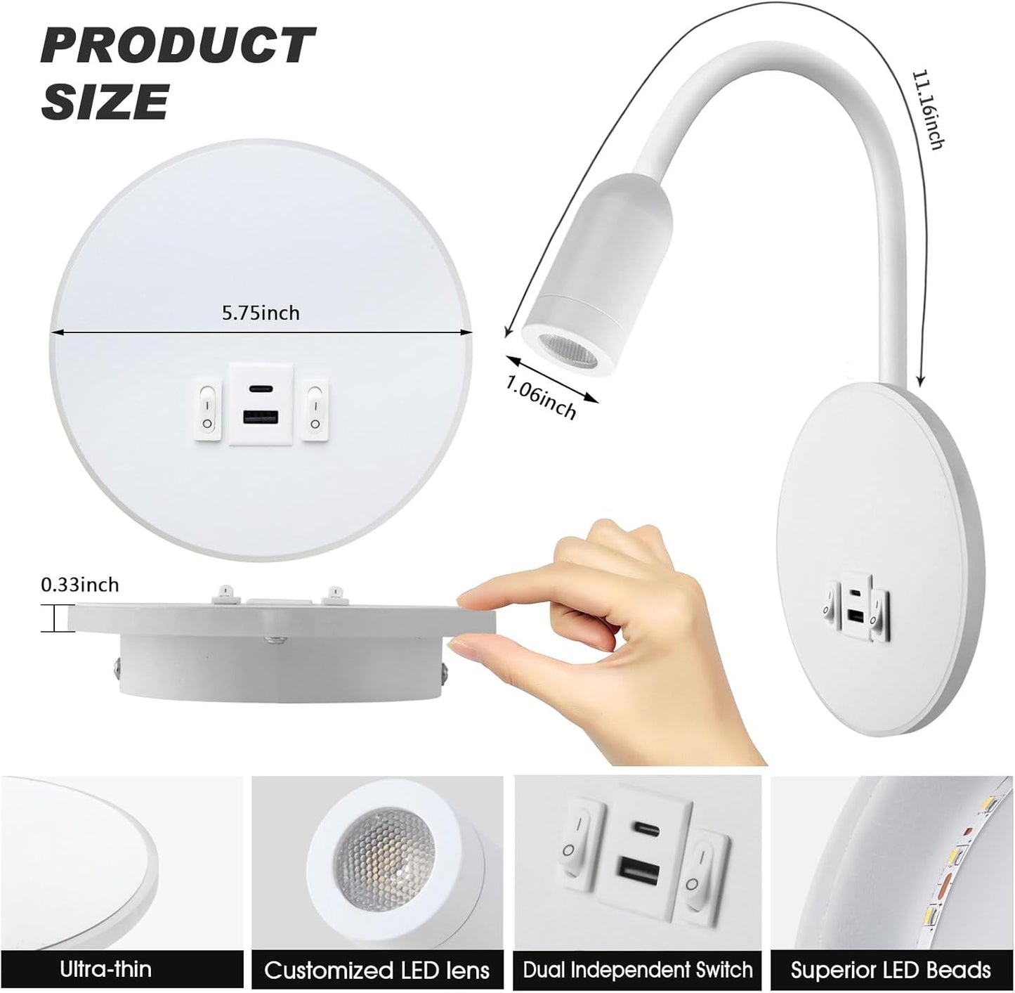 Kawell 9W LED Wall Sconce with USB & Type-C Ports 3W Wall Mounted Reading Light with Switch Hardwired Rotatable Spotlight Indoor for Bedroom Study Living Room, White(Warm White)
