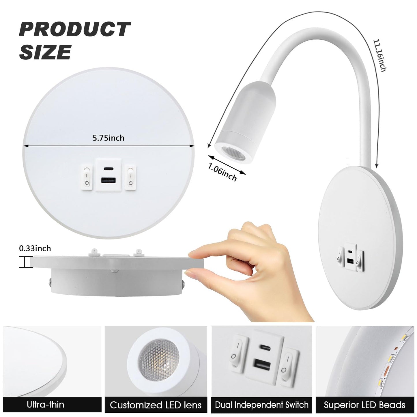 Kawell Modern LED Wall Sconce with Switch Swivel Bedside Reading Spotlight Hardwired 9W+3W LED Wall Light with USB & Type-C Ports Indoor for Bedroom Study Living Room, White