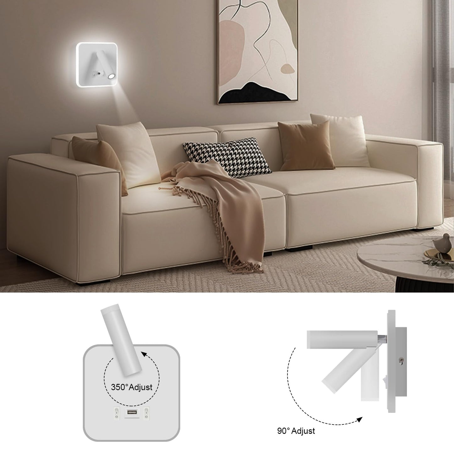 Kawell Indoor LED Wall Lamp with Switch Adjustable Bedside Wall Spotlight Modern LED Reading Wall Light with USB Charging Port for Bedroom Living Room Study Library, White(Cold White)
