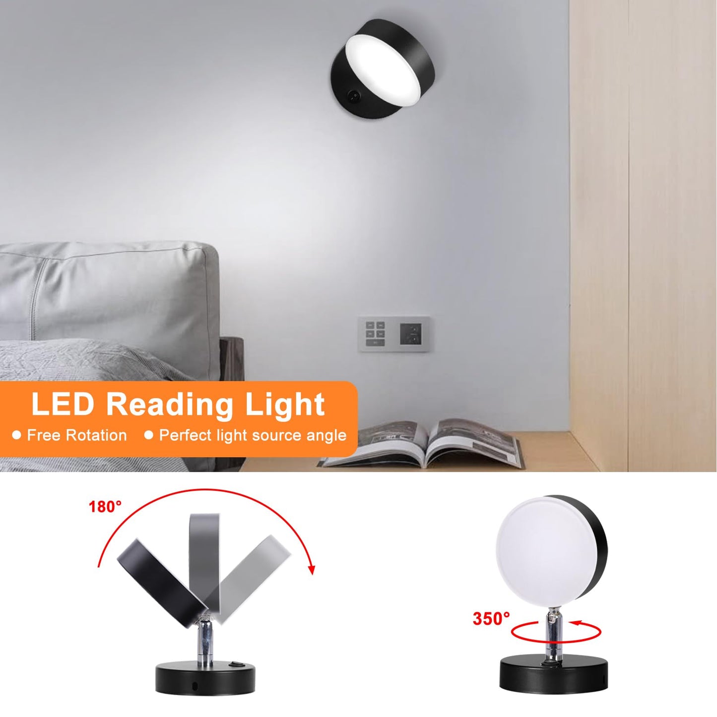 Kawell Indoor LED Wall Light with Switch Modern LED Wall Sconce Rotatable Hardwired LED Wall Lamp Nordic Style for Bedside Study Child Room, Black