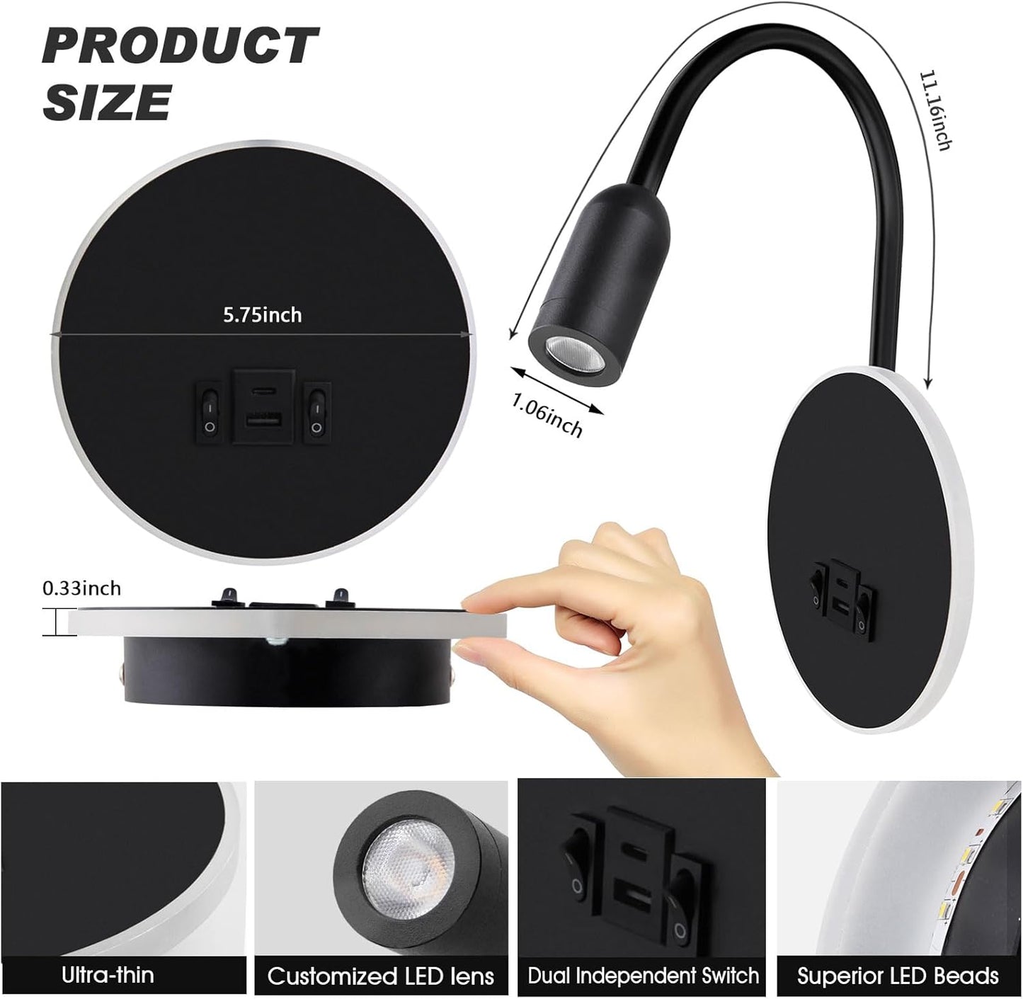 Kawell 9W LED Wall Sconce with USB & Type-C Ports 3W Wall Mounted Reading Light with Switch Hardwired Rotatable Spotlight Indoor for Bedroom Study Living Room, Black(Warm White)