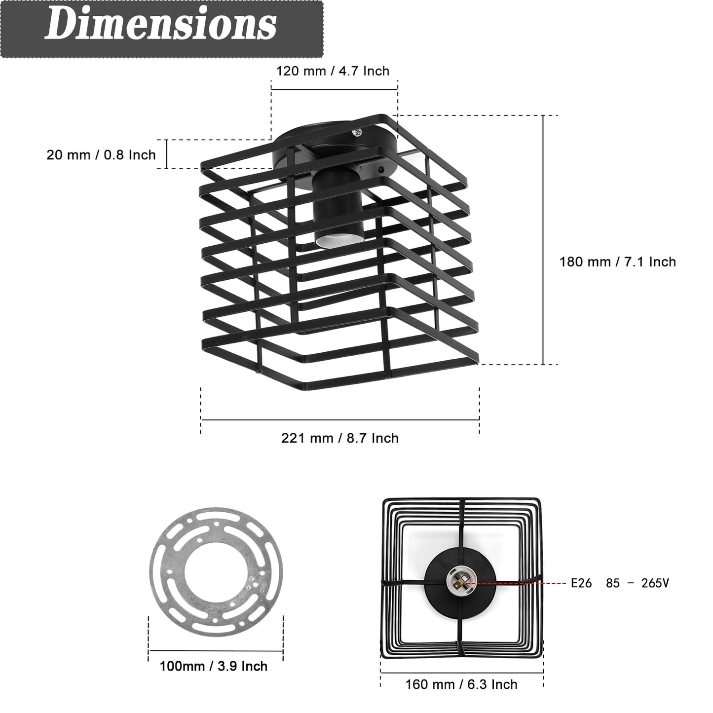 Kawell Industrial Close to Ceiling Light Fixture Black Retro Ceiling Light Flush Mount Indoor Ceiling Chandelier Light Hardwired for Hallway Living Room Bedroom Kitchen Farmhouse, Square