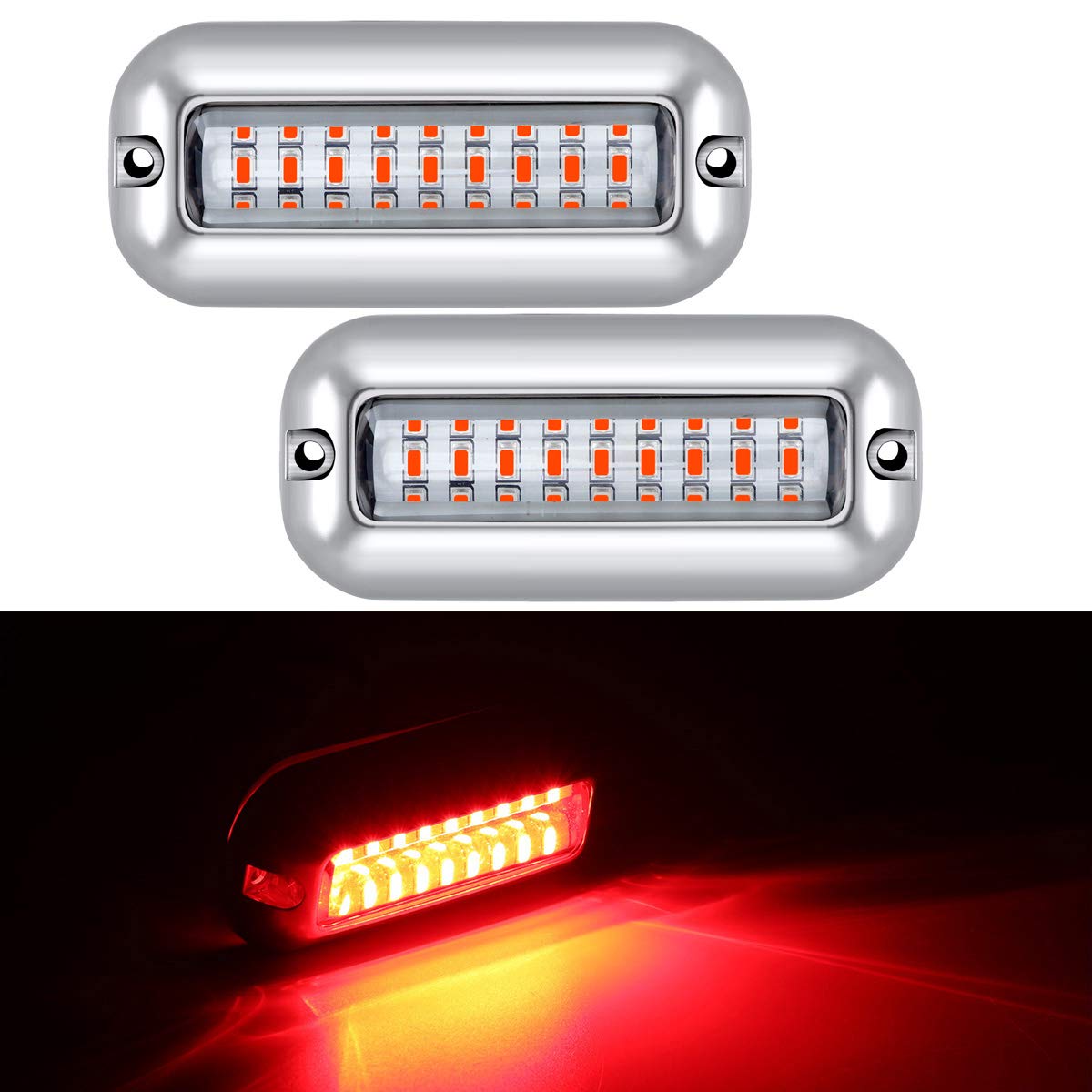 Kawell 27 LED LED Underwater Boat Yacht Lights Waterproof IP68 SUS316 Stainless Steel Pontoon Marine Transom Lights for Swiming Driving Fishing 2pcs Red Lights