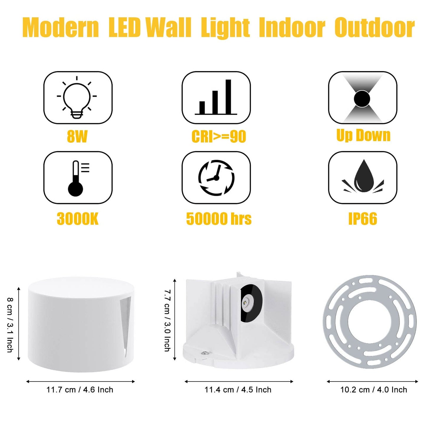 Kawell 8W LED Wall Light Up Down Modern LED Wall Sconce Light Waterproof LED Wall Lamp Indoor Outdoor for Bedroom Living Room Bathroom Hallway Stairs, White 3000K