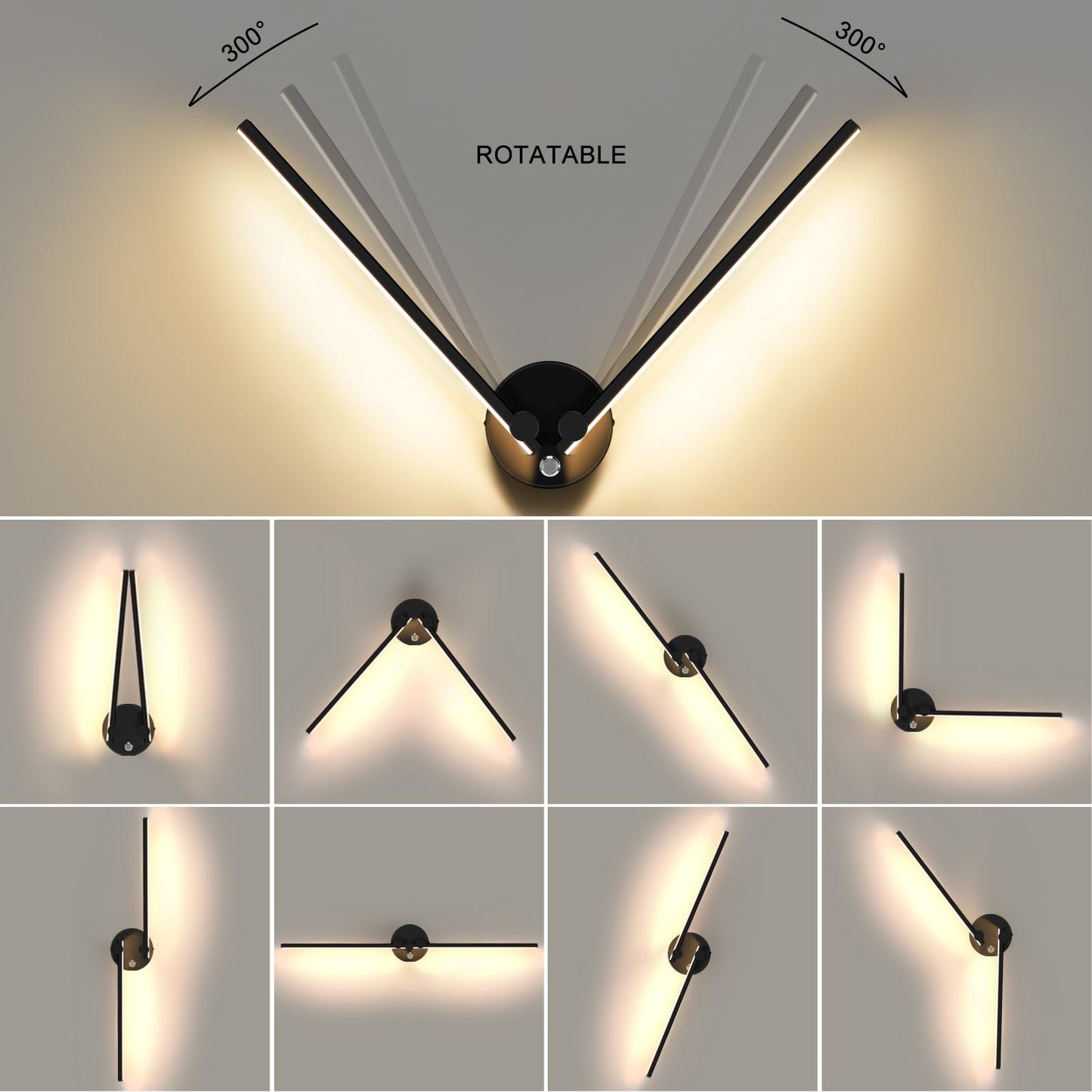 Kawell 12W Modern LED Wall Light with Switch Indoor LED Wall Sconce Hardwired LED Wall Lamp Bar with 300° Rotatable Lamp Arms for Living Room Background Wall Bedroom Hallway Aisle, Black 3000K