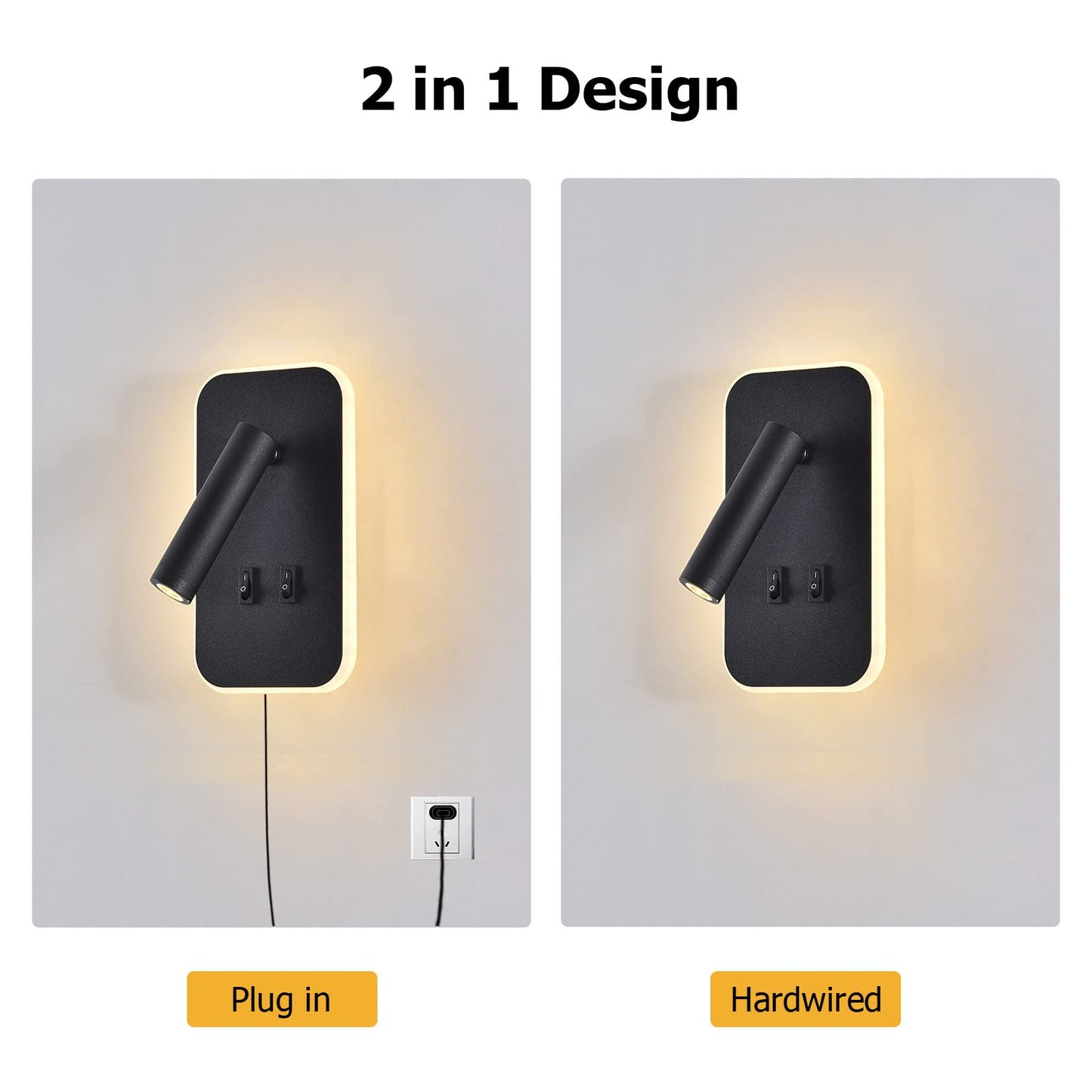 Kawell Modern 2 in 1 8W LED Wall Sconces Indoor LED Wall Light with Switch 350 Swivel 3W LED Reading Wall Spotlight LED Wall Lamp for Bedroom Bedside Living Room Study Room, Black 3000K
