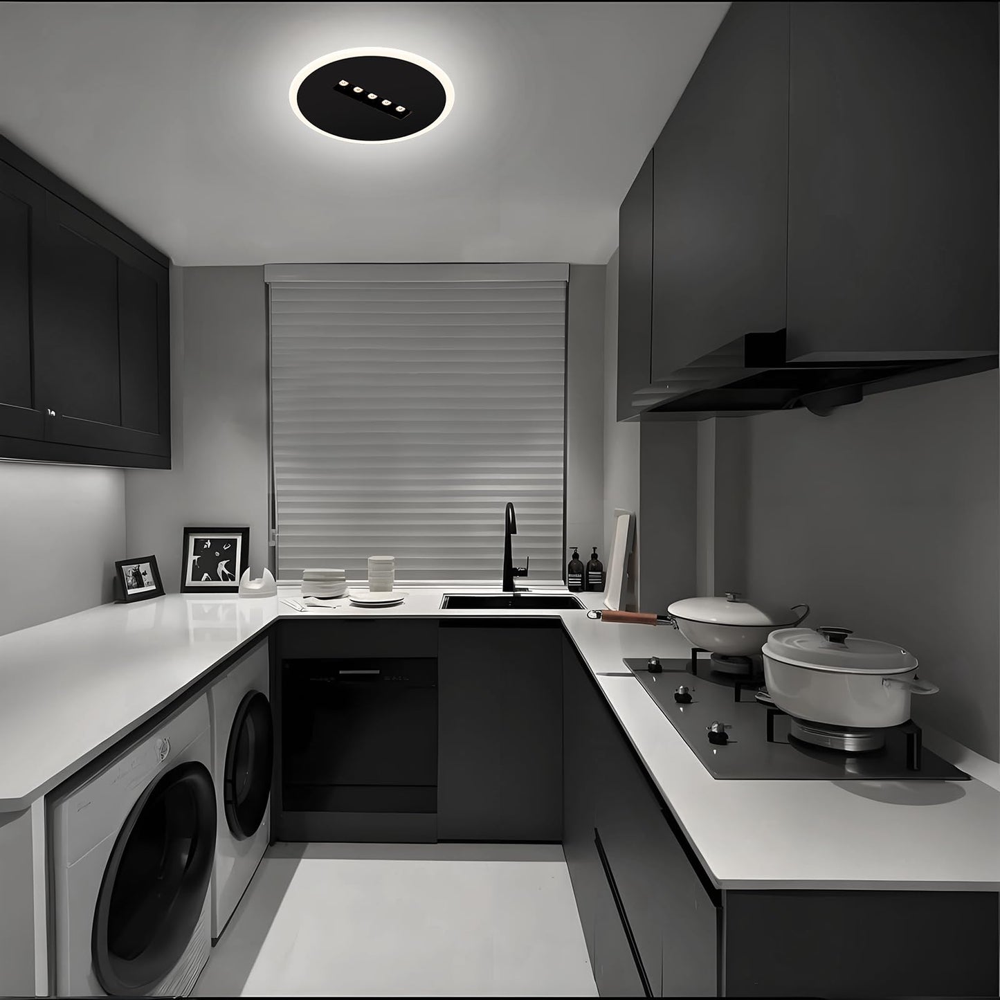 Kawell Creative 13W Close to Ceiling Light with 5W Spotlight 9.4 Inch LED Ceiling Light Hardwired Acrylic LED Ceiling Lamp Indoor for Hallway Bedroom Study Living Room, Black(Cold White)