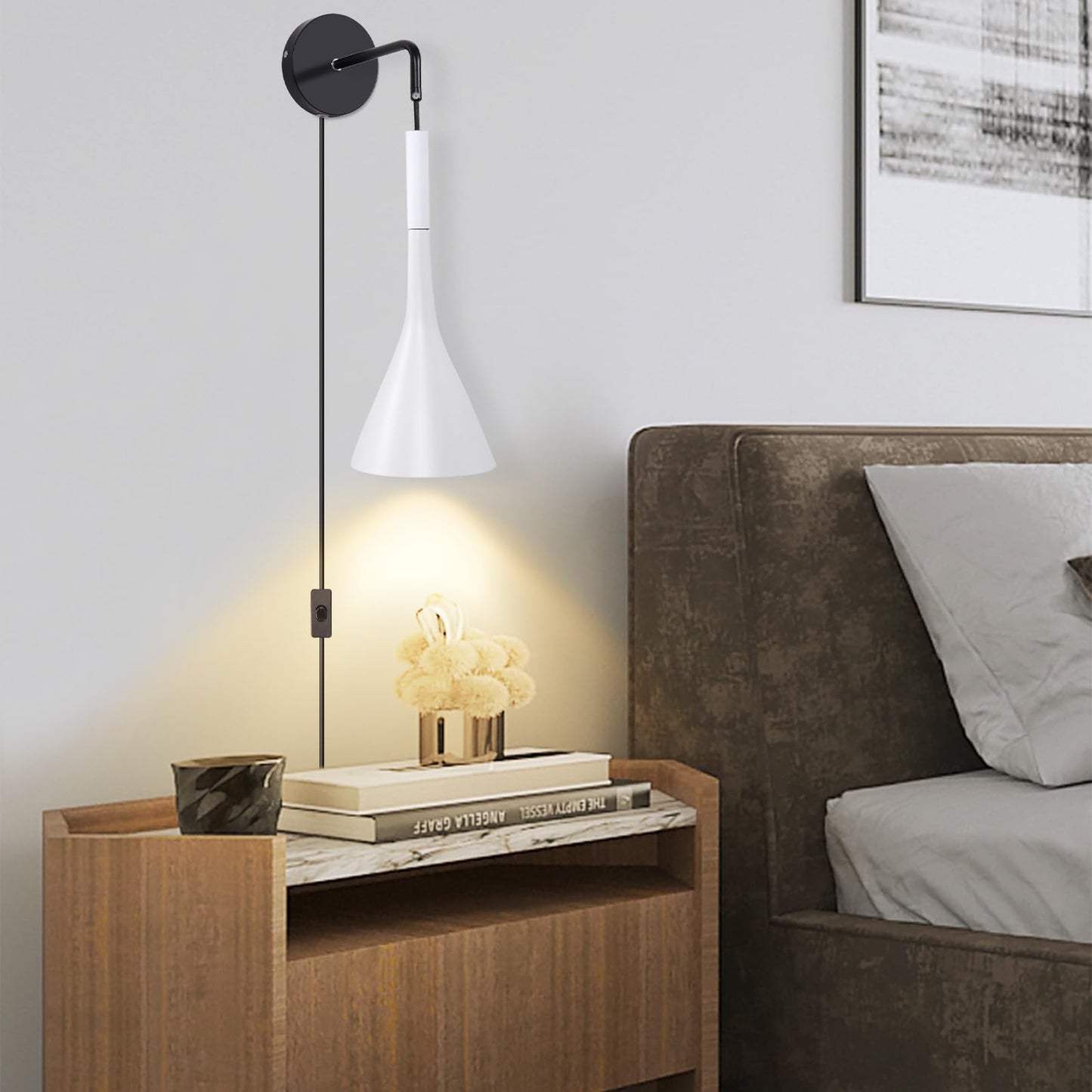 Kawell Plug in Wall Lamp with Cord Modern Hanging Wall Light Fixture Indoor Hardwired Wall Sconce Adjustable Hanging Height for Bedside Living Room Study, White