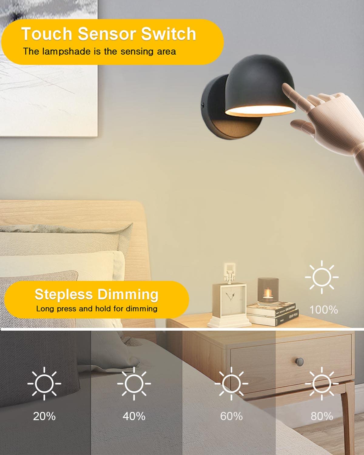 Kawell Touch Sensitive LED Wall Sconces Stepless Dimming LED Wall Light 350°Rotate LED Wall Lamp Modern Reading LED Wall Light Sconce Indoor for Bedroom Living Room Beside Stairs, Warm White