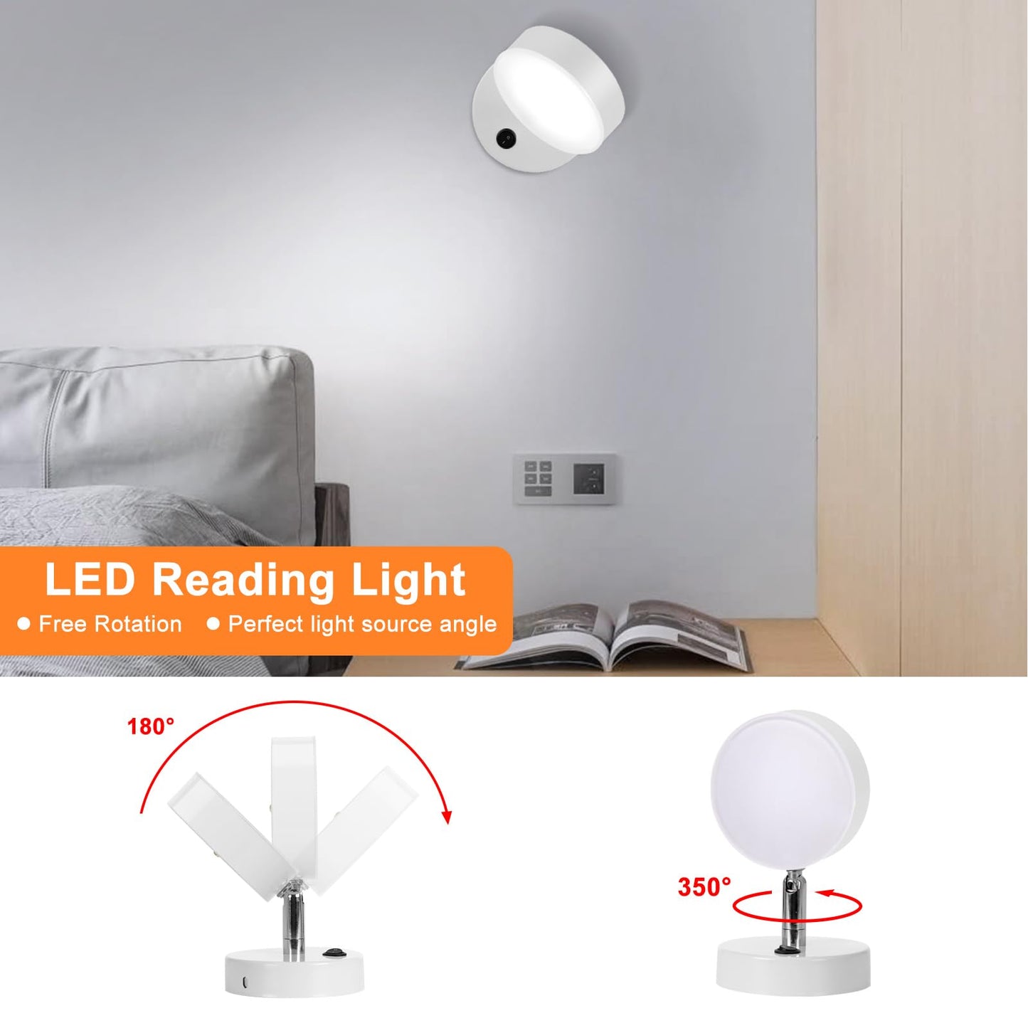 Kawell Indoor LED Wall Light with Switch Modern LED Wall Sconce Rotatable Hardwired LED Wall Lamp Nordic Style for Bedside Study Child Room, White