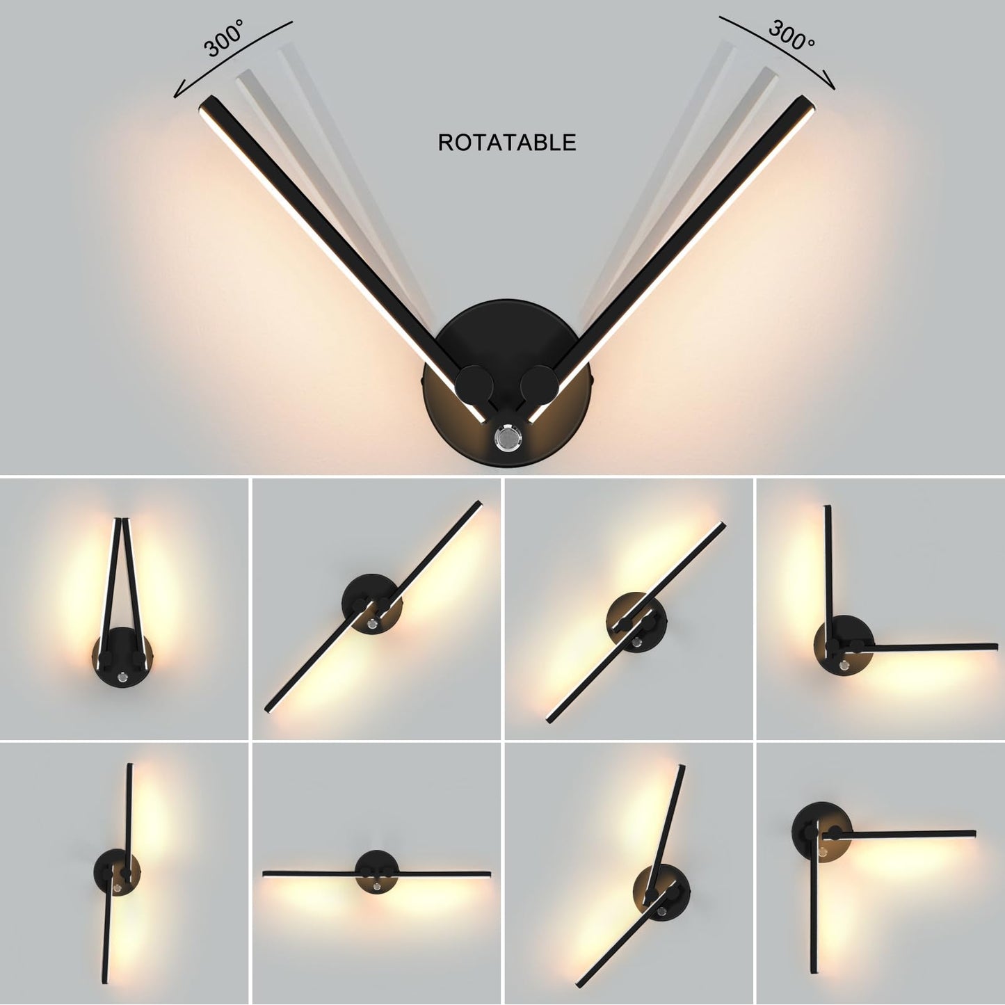 Kawell 10W Modern LED Wall Light with Switch Indoor LED Wall Sconce Hardwired LED Wall Lamp Bar with 300° Rotatable Lamp Arms for Living Room Background Wall Bedroom Hallway Aisle, Black 3000K