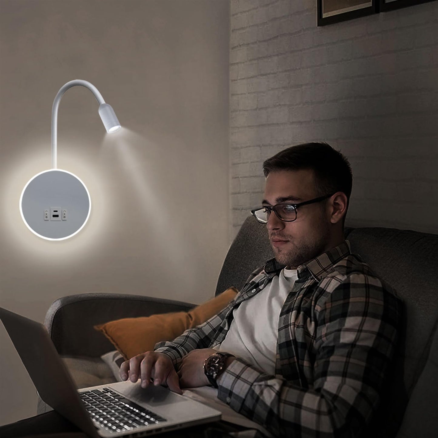 Kawell Modern LED Wall Sconce with Switch Swivel Bedside Reading Spotlight Hardwired 9W+3W LED Wall Light with USB & Type-C Ports Indoor for Bedroom Study Living Room, White