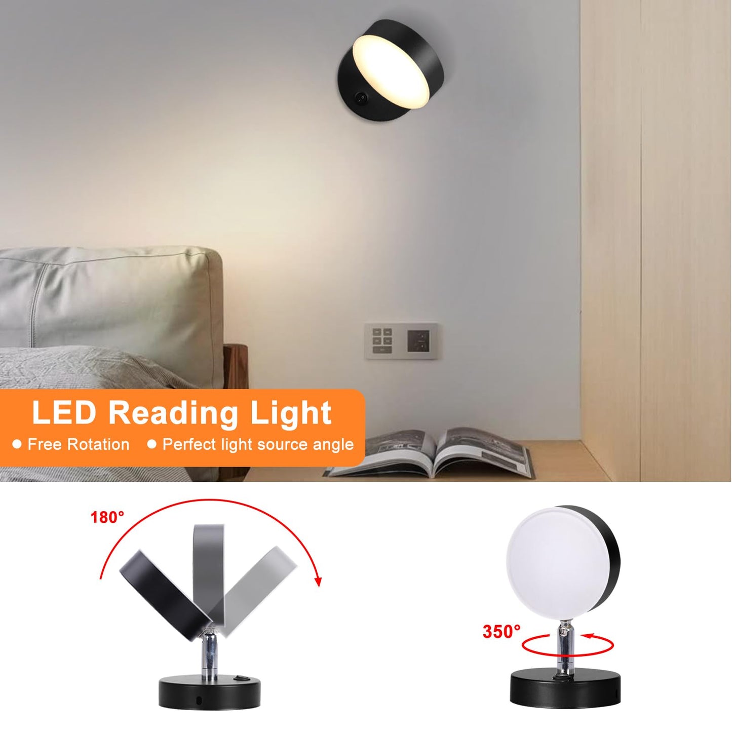 Kawell Modern LED Wall Light Sconce Indoor Rotatable Wall Light with Switch Nordic Style Wall Lamp Hardwired for Bedside Study Child Room, Black