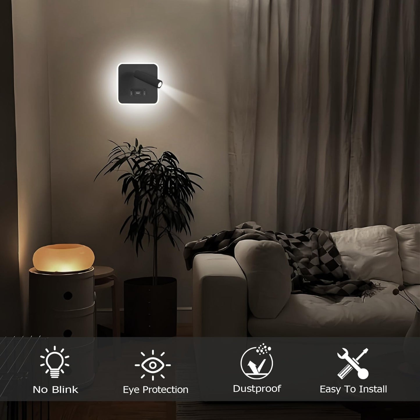Kawell Indoor LED Wall Lamp with Switch Adjustable Bedside Wall Spotlight Modern LED Reading Wall Light with USB Charging Port for Bedroom Living Room Study Library, Black(Cold White)