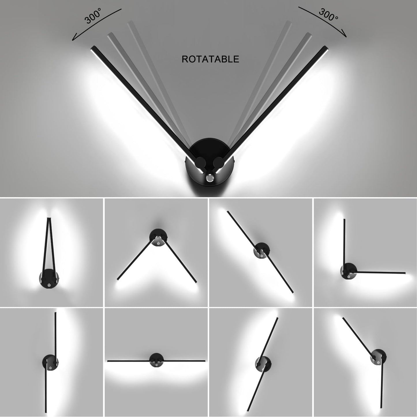 Kawell 12W Modern LED Wall Light with Switch Indoor LED Wall Sconce Hardwired LED Wall Lamp Bar with 300° Rotatable Lamp Arms for Living Room Background Wall Bedroom Hallway Aisle, Black 6000K
