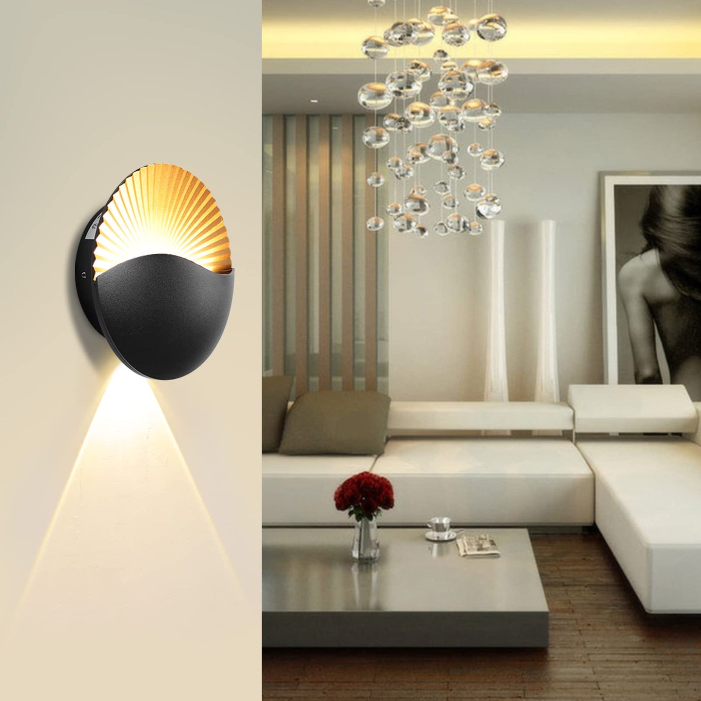 Kawell Modern Creative 12W LED Wall Sconce Waterproof Wall Light Indoor Outdoor Lamp Sunrise Effect Art Deco for Bedroom, Living Room, Bathroom, Cafe, Lounge, Corridor, Stairs, Black, 3000K